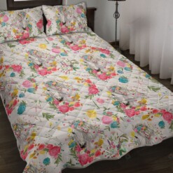 Horse With Flower Watercolor Quilt Bedding Set