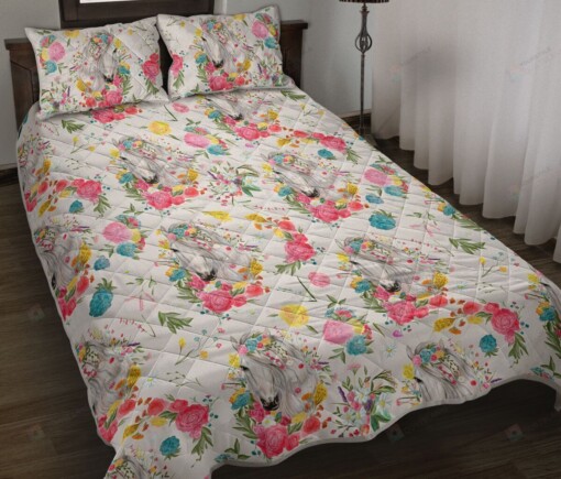 Horse With Flower Watercolor Quilt Bedding Set