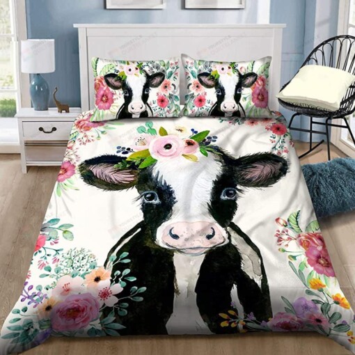 Beautiful Dairy Cow With Flower Bedding Set Bed Sheets Spread Comforter Duvet Cover Bedding Sets