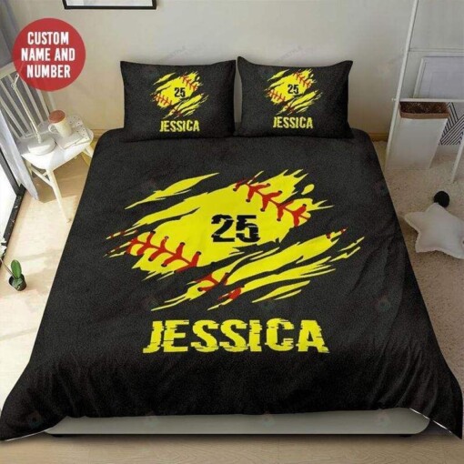 Softball Duvet Cover Bedding Set Personalized Custom Name And Number