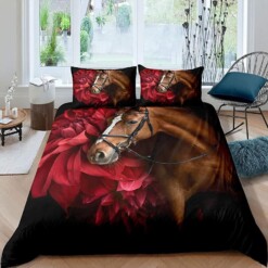 Brown Horse And Red Flower Bedding Set Bed Sheets Spread Comforter Duvet Cover Bedding Sets