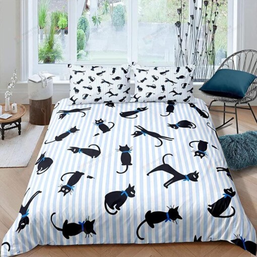 Black Cat Blue Stripes Bedding Set Bed Sheets Spread Comforter Duvet Cover Bedding Sets