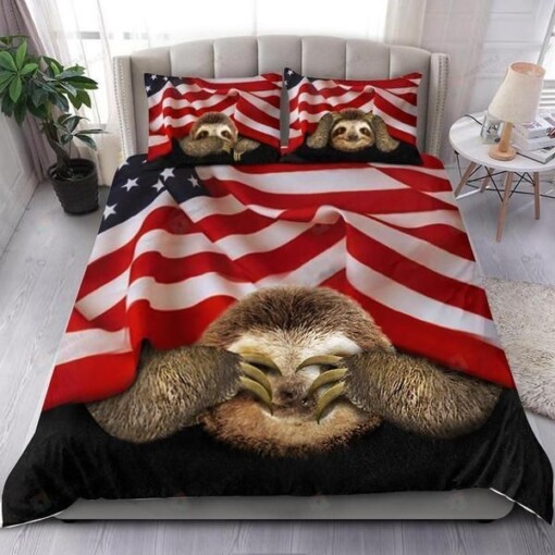 Sloth And American Flag Bedding Set Patriotic Gift Bed Sheets Spread Comforter Duvet Cover Bedding Sets