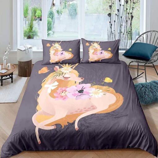 Unicorn With Flower  Bedding Set Bed Sheets Spread Comforter Duvet Cover Bedding Sets