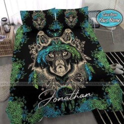 Green Bohemian Wolf Custom Name Duvet Cover Bedding Set