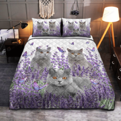 British Shorthair Cat In Lavender Garden Quilt Bedding Set