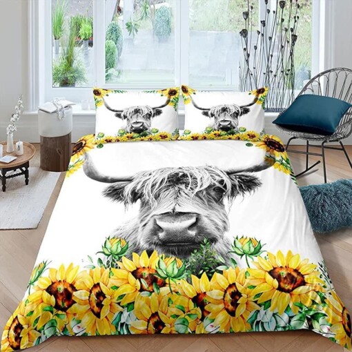 Highland Cow And Sunflower Bedding Set Bed Sheets Spread Comforter Duvet Cover Bedding Sets