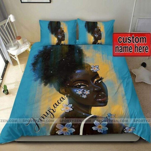 African American Black Girl Blue Flowers Bedding Custom Name Duvet Cover Bedding Set