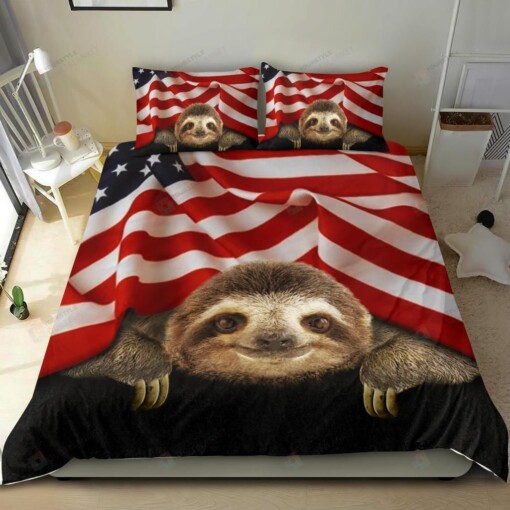 Sloth American Flag Bedding Set Unique Patriotic Gift Bed Sheets Spread Comforter Duvet Cover Bedding Sets