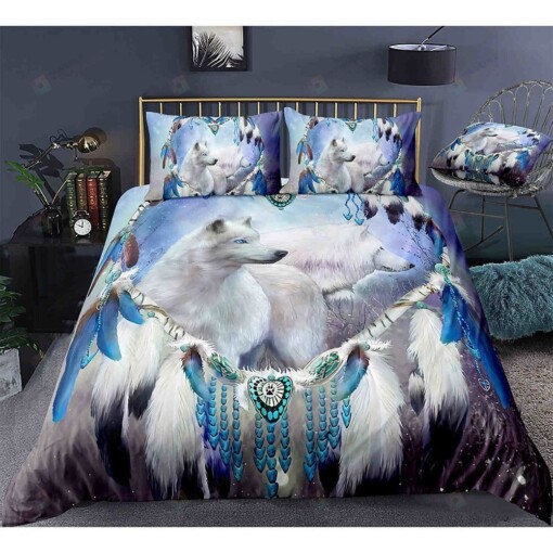 White Wolf And Native American Feather Bedding Set Bed Sheets Spread Comforter Duvet Cover Bedding Sets