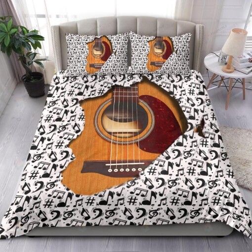 Wooden Guitar Inside And Music Notes Bedding Set Cotton Bed Sheets Spread Comforter Duvet Cover Bedding Sets