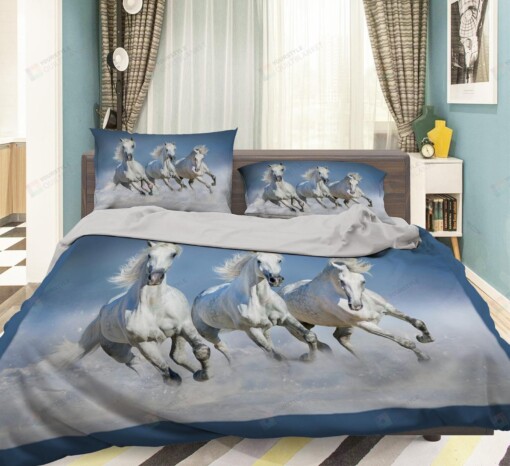 3D White Horses Running Bedding Set Bed Sheets Spread Comforter Duvet Cover Bedding Sets