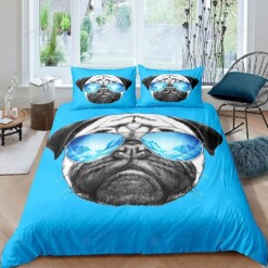 Pug Dog With Sunglasses Blue Bedding Set Bed Sheets Spread Comforter Duvet Cover Bedding Sets