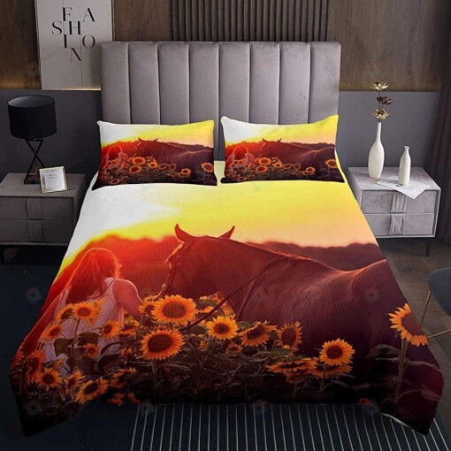 Horse And Sunflower Field Bedding Set Bed Sheets Spread Comforter Duvet Cover Bedding Sets