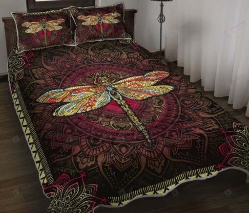 Dragonfly Mandala Black Background Quilt Bedding Set