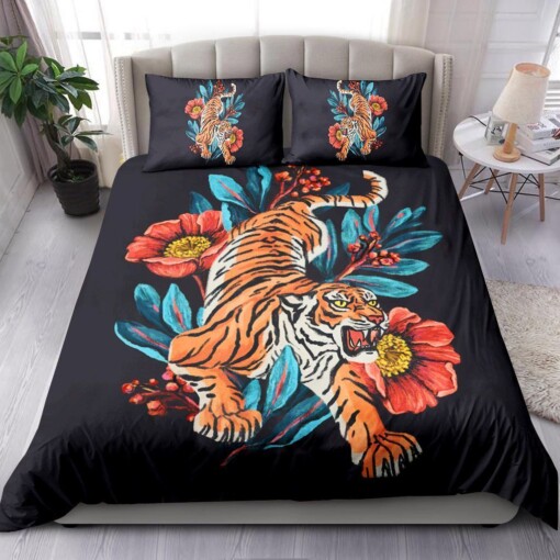 Tiger With Flowers Bedding Set Bed Sheets Spread Comforter Duvet Cover Bedding Sets