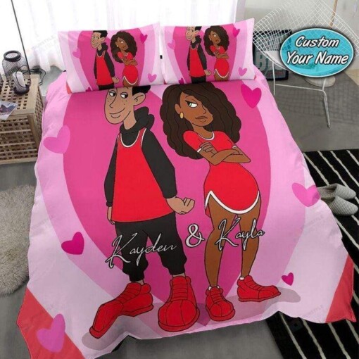 Black Couple Pink Heart Bedding Personalized Custom Name Duvet Cover Bedding Set