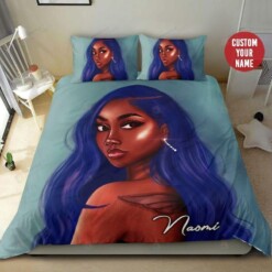 Black Girl Blue Hair Custom Name Duvet Cover Bedding Set