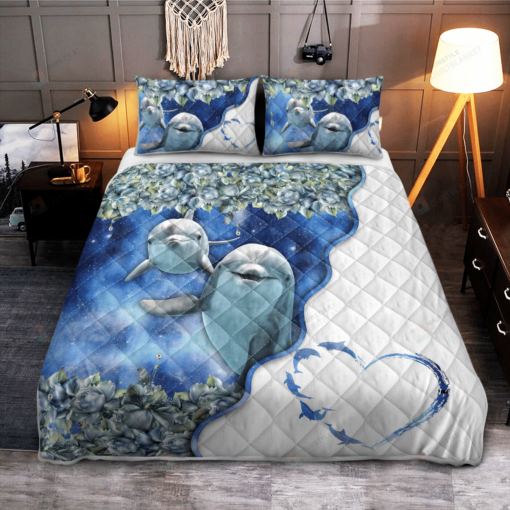 Dolphin - Blue Flower Love Quilt Bedding Set