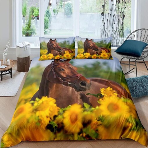 Brown Horse In Flower Field Bedding Set Bed Sheets Spread Comforter Duvet Cover Bedding Sets