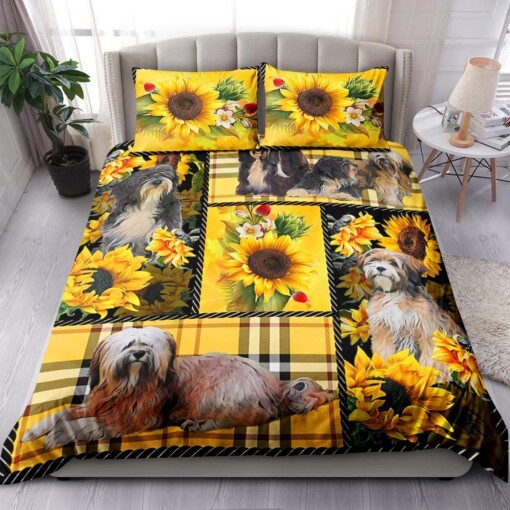 Tibetan Terrier And Sunflower With Yellow Tartan Bedding Set Bed Sheets Spread Comforter Duvet Cover Bedding Sets