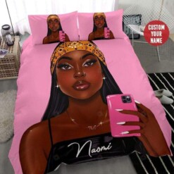 African American Black Girl Pink Phone Bedding Custom Name Duvet Cover Bedding Set