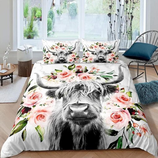 Highland Cow Flower Bedding Set Bed Sheets Spread Comforter Duvet Cover Bedding Sets