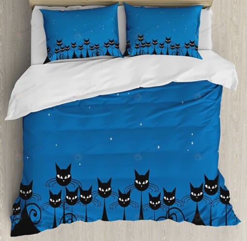 Black Cats At Night Blue Bedding Set Bed Sheets Spread Comforter Duvet Cover Bedding Sets