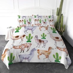 Llama And Alpaca Cactus Bedding Set Bed Sheets Spread Comforter Duvet Cover Bedding Sets