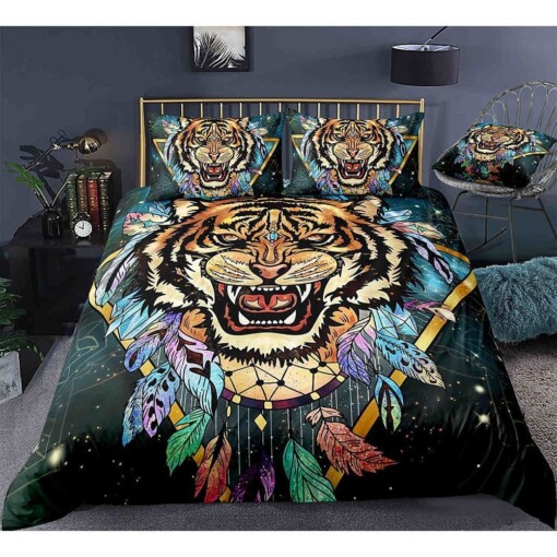 Tiger With Native American Feather Art Pattern Bedding Set Cotton Bed Sheets Spread Comforter Duvet Cover Bedding Sets