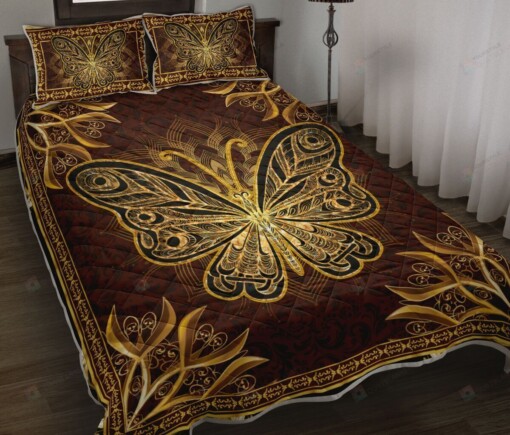 Butterfly  Floral Mandala Gold Quilt Bedding Set