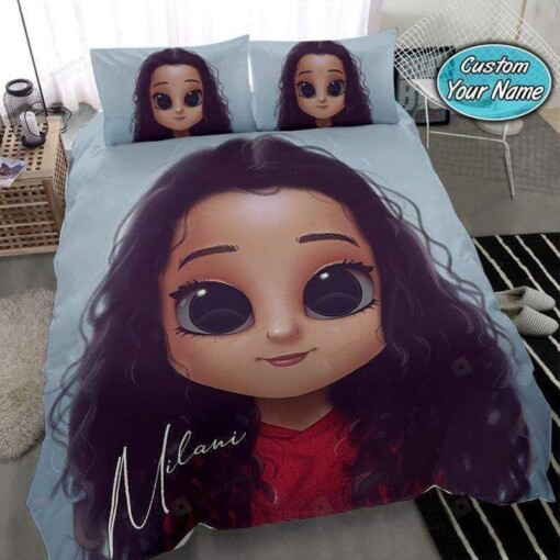 Black Cute Girl Long Curly Hair Bedding Personalized Custom Name Duvet Cover Bedding Set
