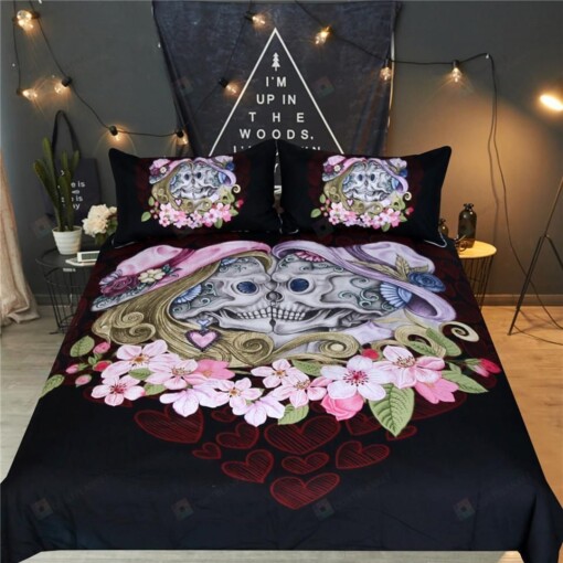 Skull Couples Floral Bedding Set (Duvet Cover And Pillowcases)