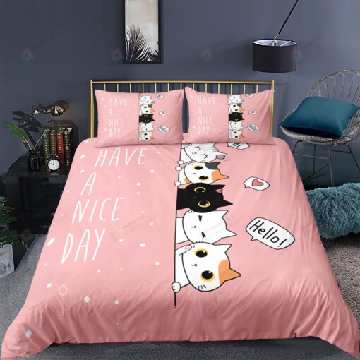 Cats Pattern Have A Nice Day Pink Bedding Set Bed Sheets Spread Comforter Duvet Cover Bedding Sets