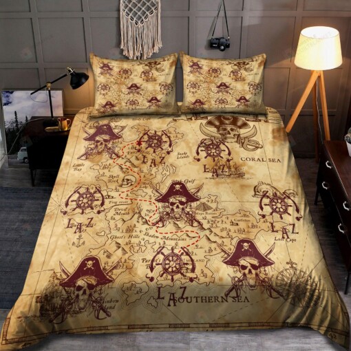 Skull Pirate Caribbean Map Bedding Set Bed Sheets Spread Comforter Duvet Cover Bedding Sets