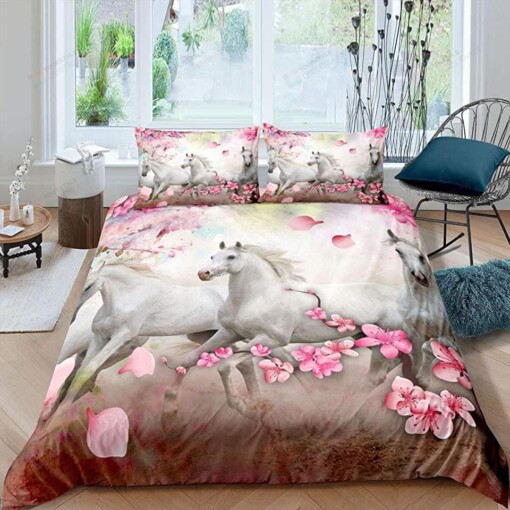 White Horse And Peach Blossom Bedding Set Bed Sheets Spread Comforter Duvet Cover Bedding Sets