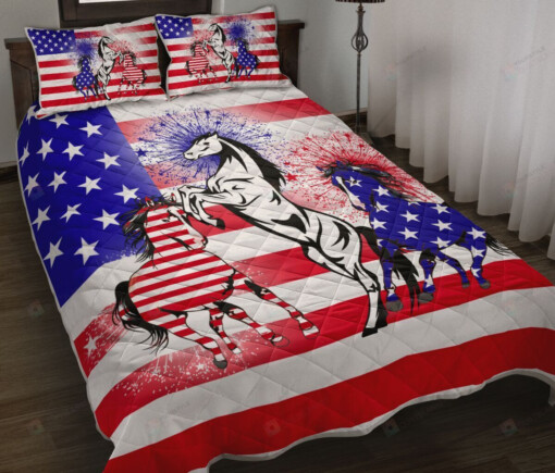 Horse USA Flag Prints Quilt Bedding Set