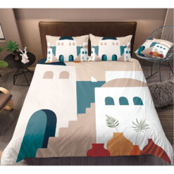 Santorini Drawing Pattern Bedding Set Bed Sheets Spread Comforter Duvet Cover Bedding Sets