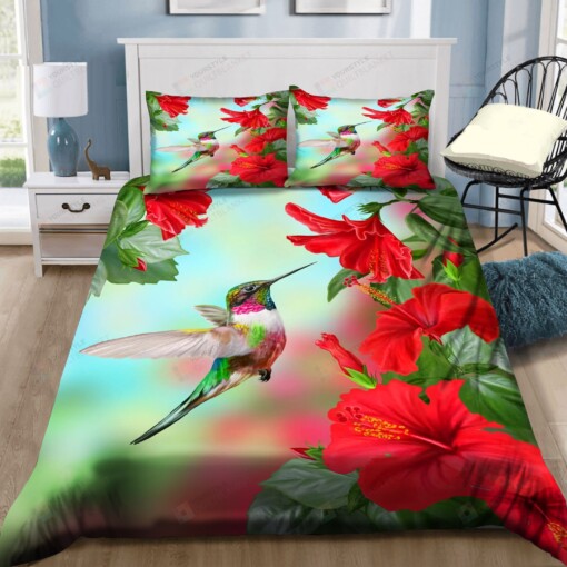 Hummingbird And Hibiscus Flower  Bedding Set Bed Sheets Spread Comforter Duvet Cover Bedding Sets