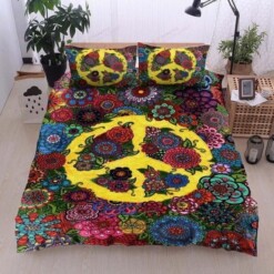 Floral Hippie Symbol Bedding Set Bed Sheets Spread Comforter Duvet Cover Bedding Sets
