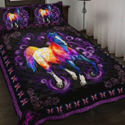 Horse Floral Frame Purple Quilt Bedding Set