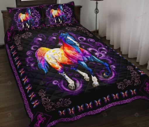 Horse Floral Frame Purple Quilt Bedding Set