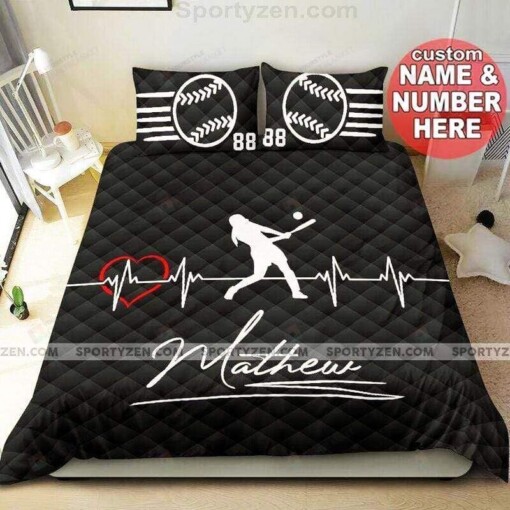 Heartbeat Softball Duvet Cover Bedding Set Personalized Custom Name