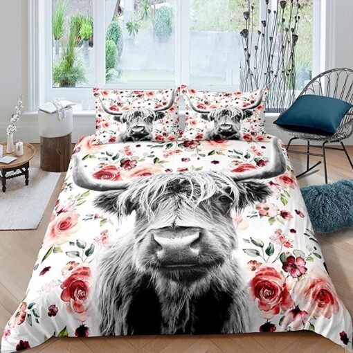 Highland Cow And Flower Background Bedding Set Bed Sheets Spread Comforter Duvet Cover Bedding Sets
