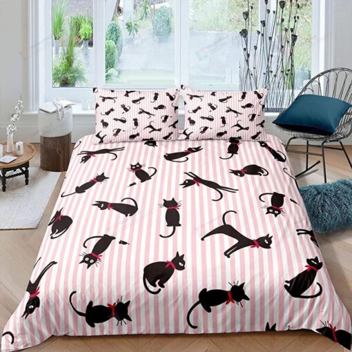 Black Cat Cute Pink Stripes Bedding Set Bed Sheets Spread Comforter Duvet Cover Bedding Sets