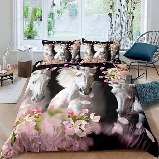 White Horse With Cherry Blossoms Flower Bedding Set Bed Sheets Spread Comforter Duvet Cover Bedding Sets