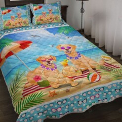 Golden Retriever On Summer Beach Quilt Bedding Set