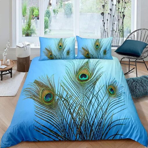 Peacock Feather Blue Bedding Set  Bed Sheets Spread Comforter Duvet Cover Bedding Sets