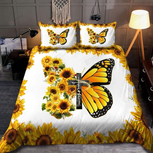 Personalized Sunflower And Butterfly Faith In God White Bedding Set Bed Sheets Spread Comforter Duvet Cover Bedding Sets
