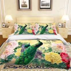 3D Green Peacock And Flower Pattern Bedding Set  Bed Sheets Spread Comforter Duvet Cover Bedding Sets